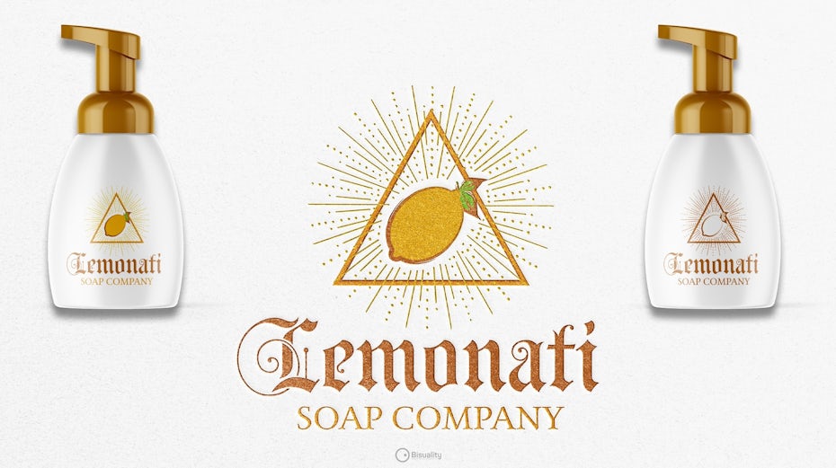 white liquid soap bottles with gold tops and triangular logos