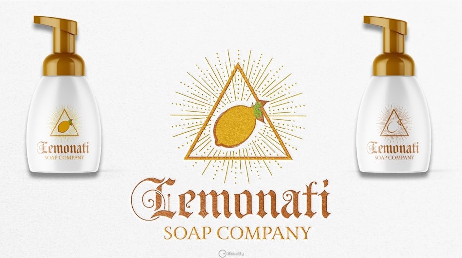 white liquid soap bottles with gold tops and triangular logos