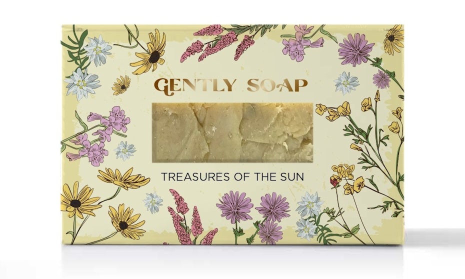 tan bar soap packaging with illustrations of wildflowers