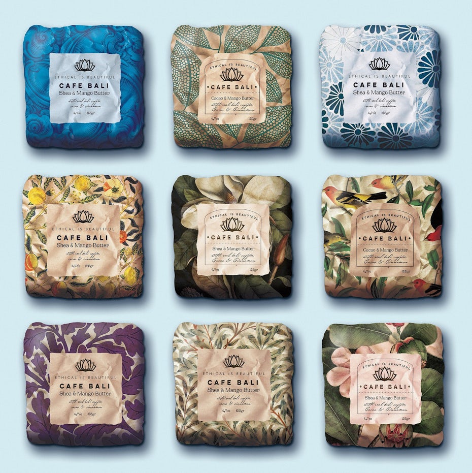 collection of wrapper-style soap packaging with different nature imagery on them
