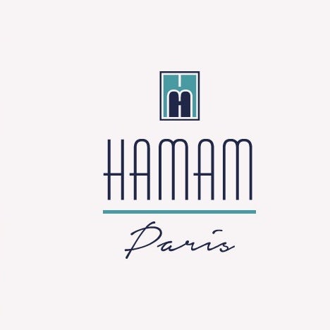 blue and white logo with wordmark and hammam imagery