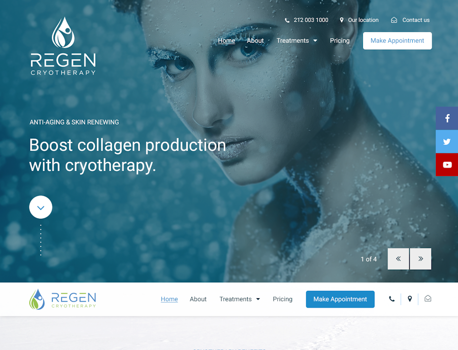 cryotherapy website in blue and icy imagery