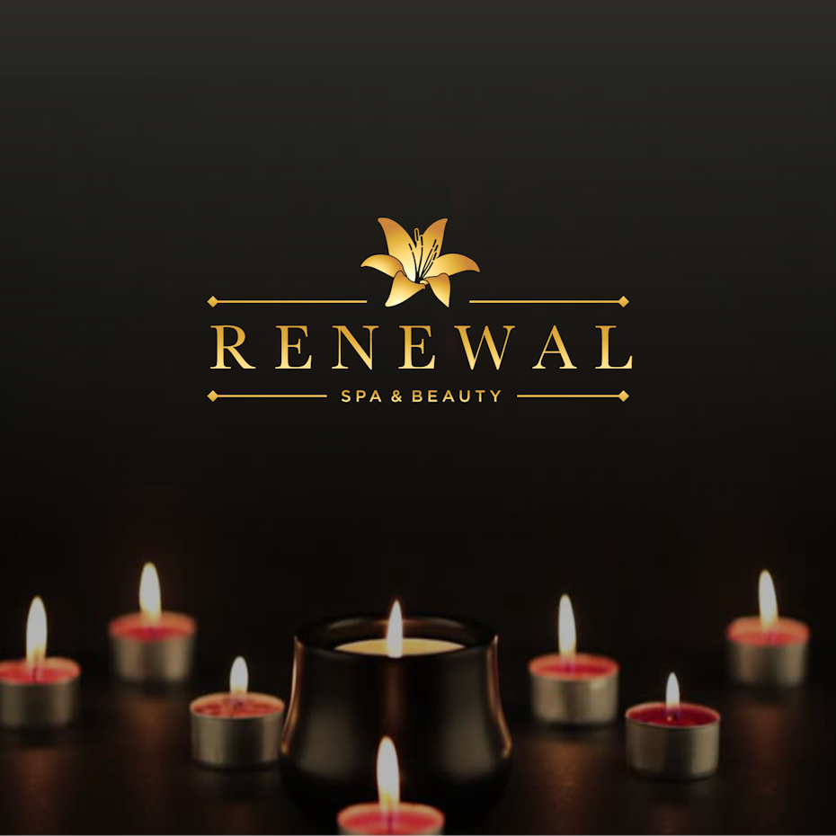 logo featuring a wordmark and yellow flower on an image with red candles