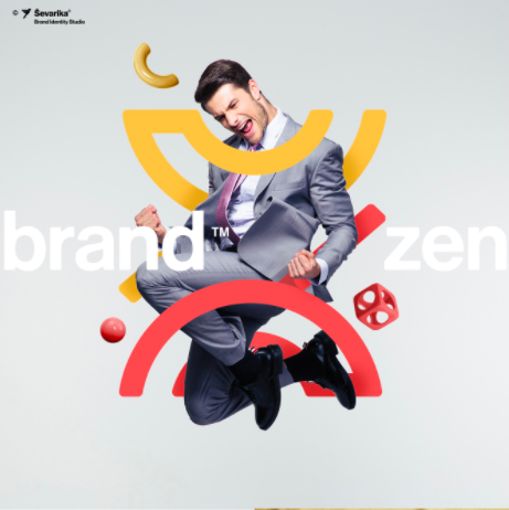Affiche publicité avec la photo d'un homme d'affaire faisant un signe de victoire entouré d'éléments jaunes et rouges