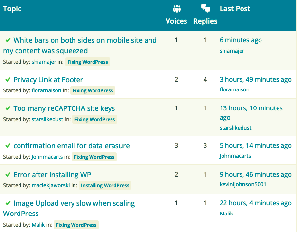 Screenshot of WordPress support forum