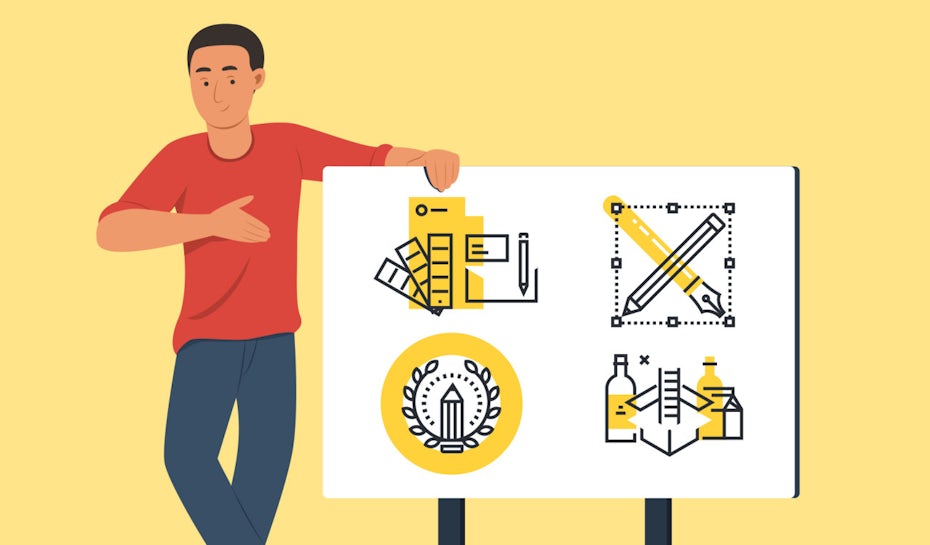 man stood in front of yellow backdrop with branding plan