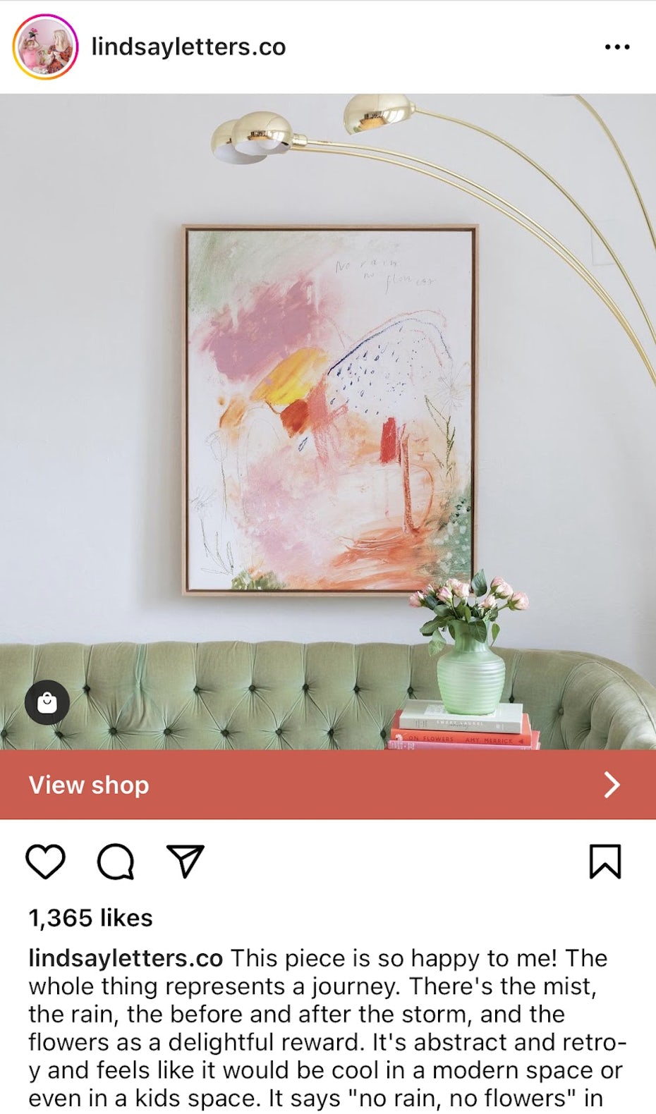 screenshot from the Instagram account of Lindsay letters showing an original art piece staged in a midcentury modern room