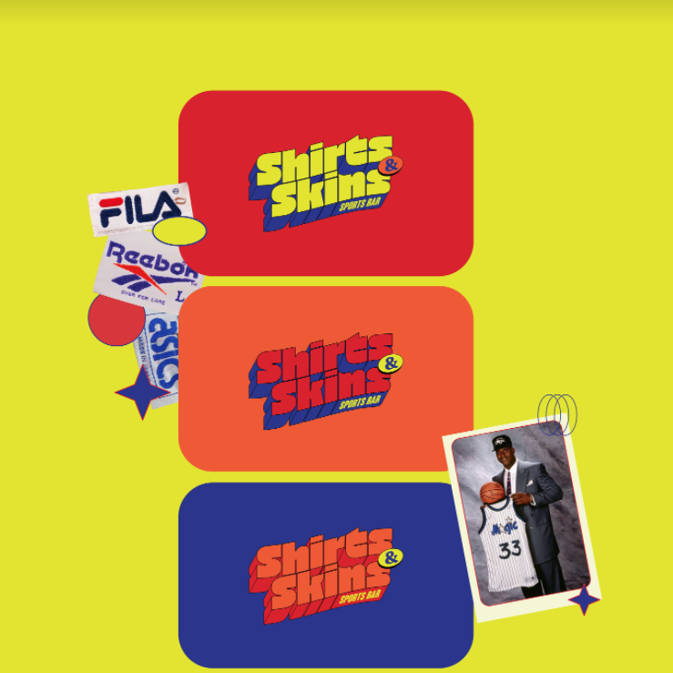 collection of blocky text logos, shoe brand patches and a photo of Magic Johnson