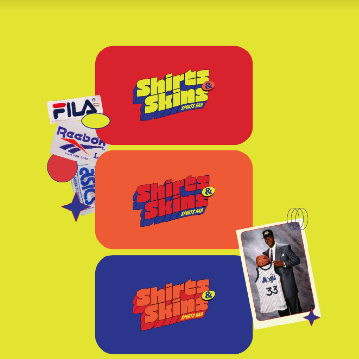 collection of blocky text logos, shoe brand patches and a photo of Magic Johnson