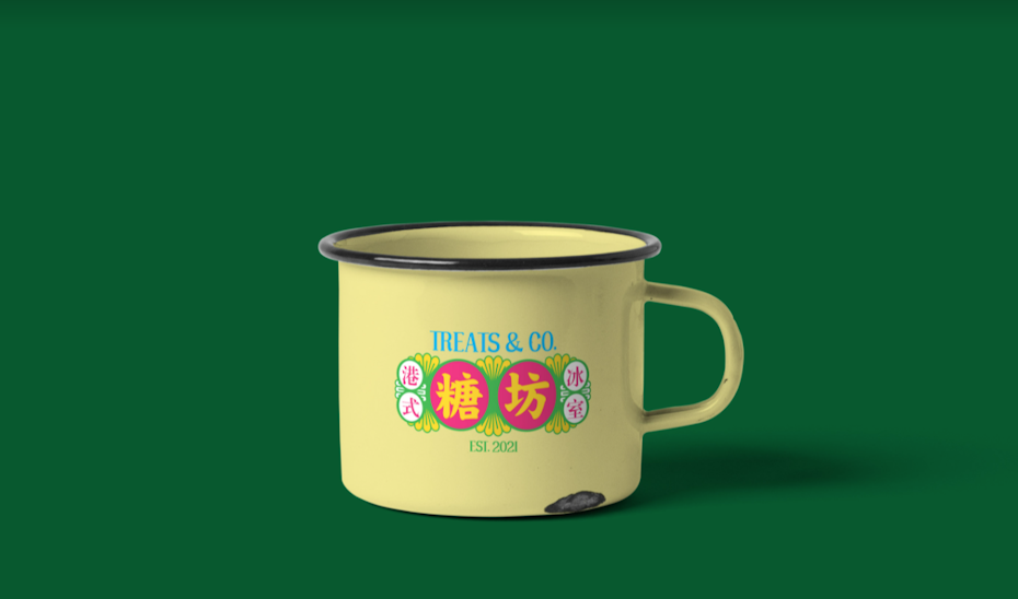 coffee mug branded with nostalgia-inspired logo in multiple colors