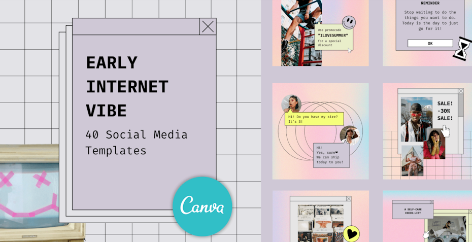 collection of social media templates in pastel colors, reminiscent of early internet