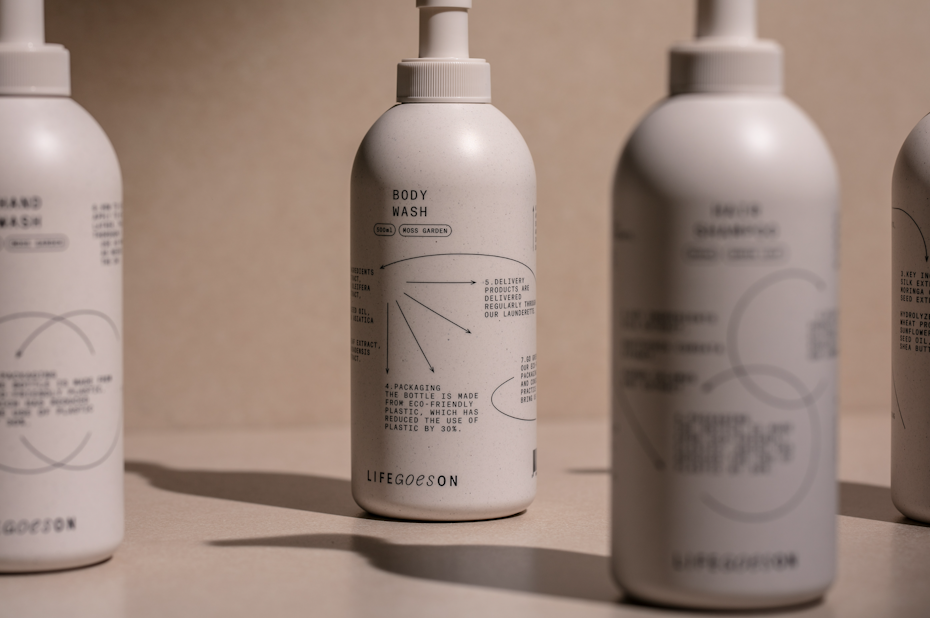 body wash in pastel recyclable packaging