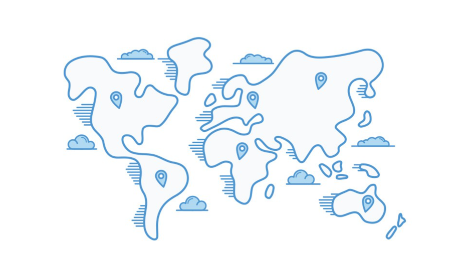 Weltkarte mit Standortmarkierungen an verschiedenen Orten