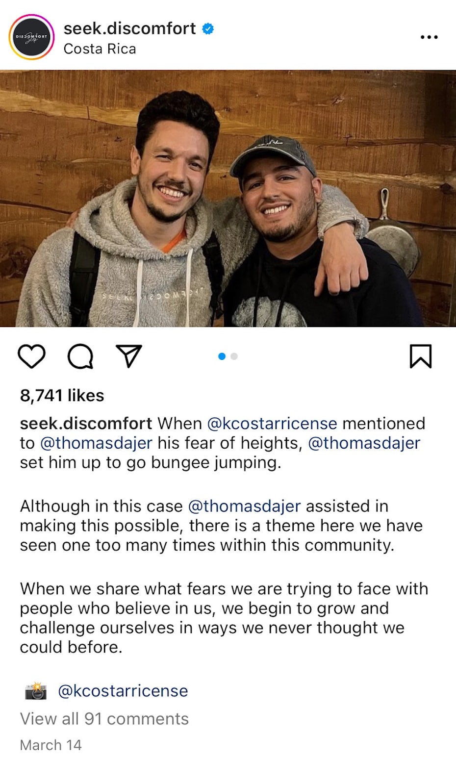 Screenshots from the Instagram page of Seek Discomfort that demonstrate their personable and inspirational approach