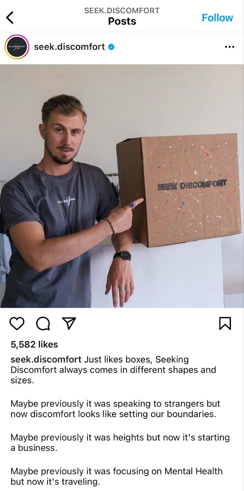 Screenshots from the Instagram page of Seek Discomfort that demonstrate their personable and inspirational approach