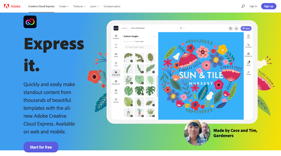 screenshot of Adobe creative cloud express home page