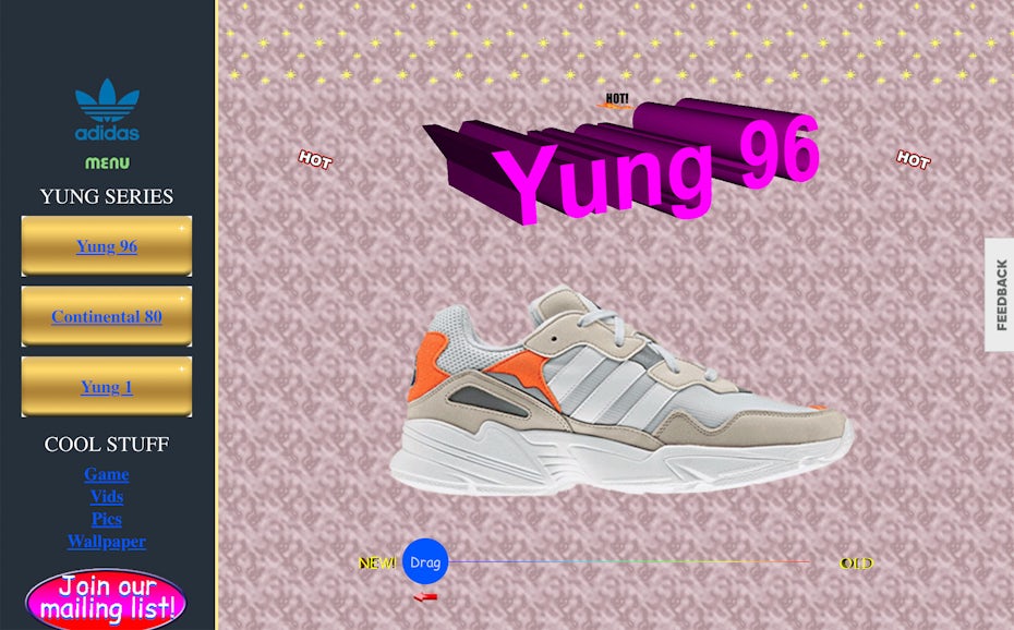Anti-design style website for adidas Yung-1 Alpine Sneakers