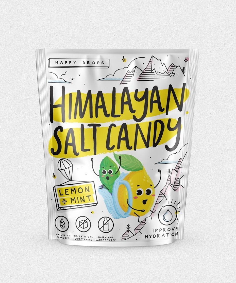 candy packaging pouch featuring fruity mascots
