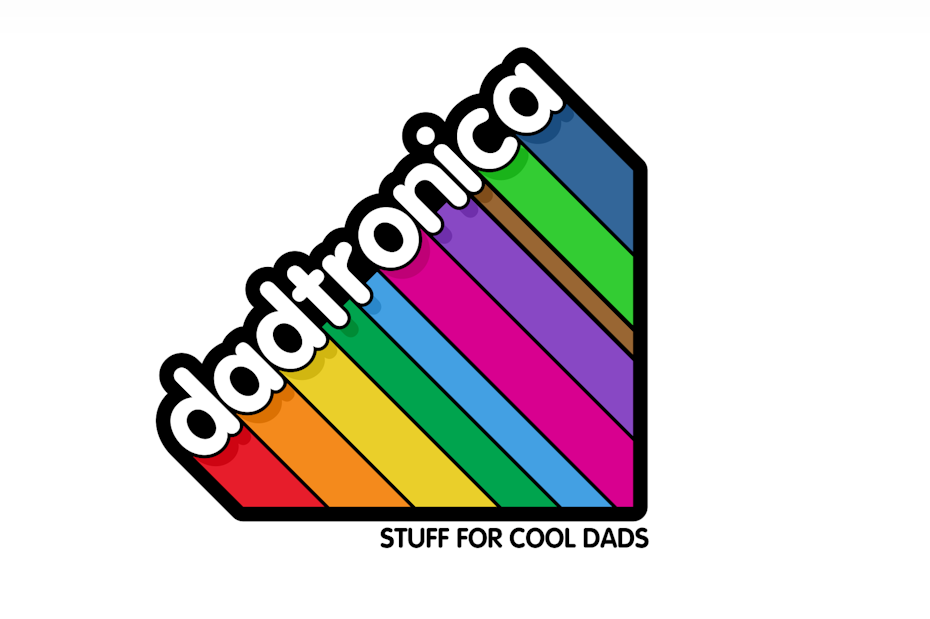 square logo with rainbow stripes and white bubble text outlined in black