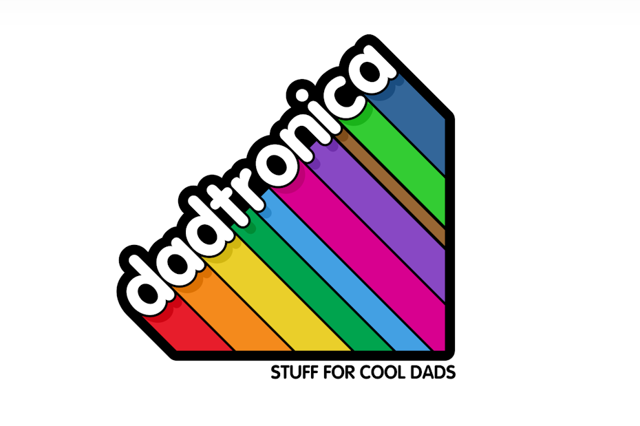 square logo with rainbow stripes and white bubble text outlined in black