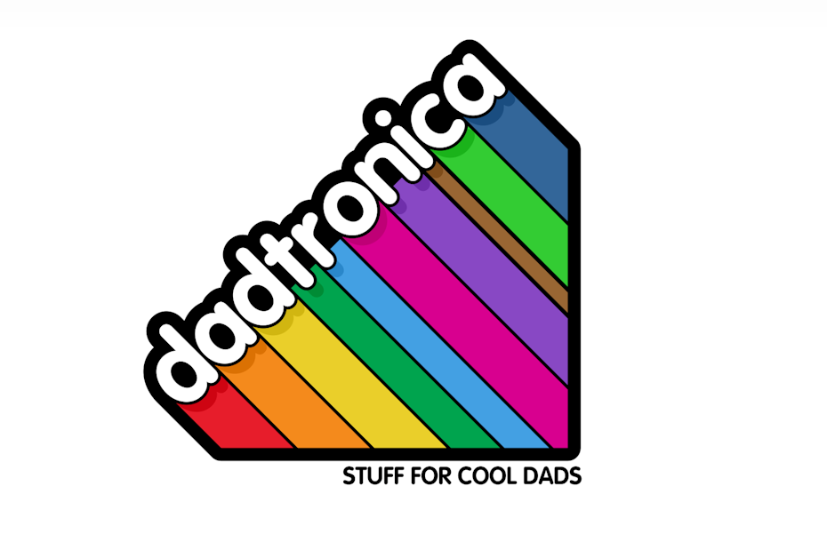 square logo with rainbow stripes and white bubble text outlined in black