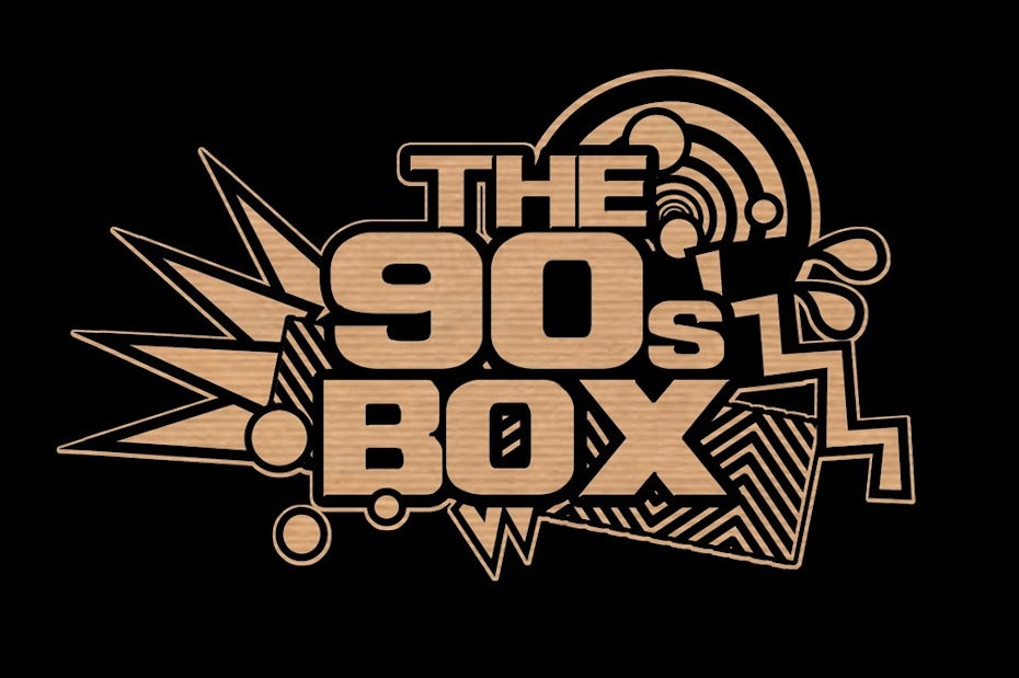 cardboard box with a black top, text in the negative space, and an all-over pattern of different imagery