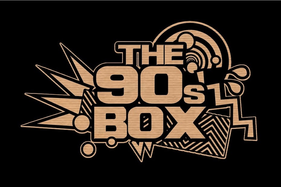 cardboard box with a black top, text in the negative space, and an all-over pattern of different imagery