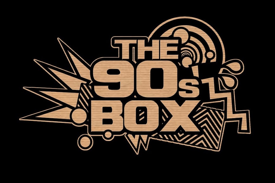 cardboard box with a black top, text in the negative space, and an all-over pattern of different imagery