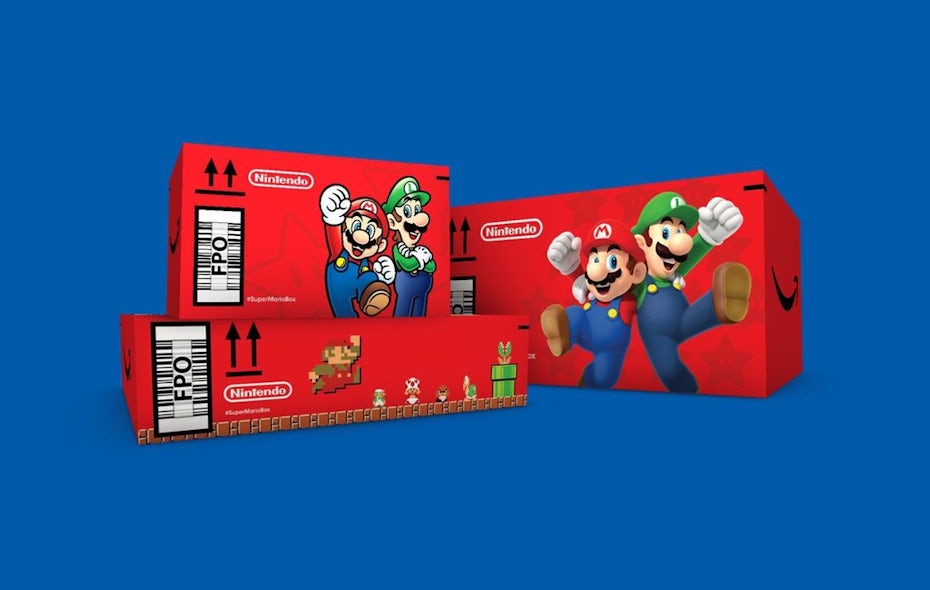 Des boîtes Amazon à l'effigie de Nintendo, avec Mario et Luigi