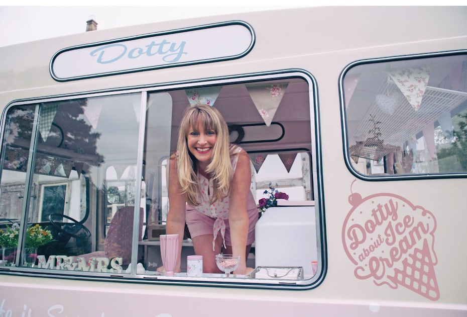 photo of woman leaning out of a vintage-inspired ice cream truck