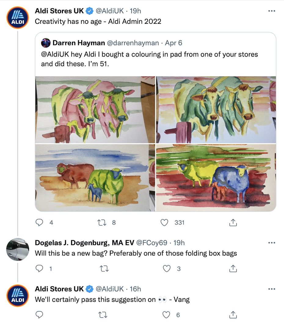 screenshot of Aldi responding to a customer who painted on their grocery shopping bag