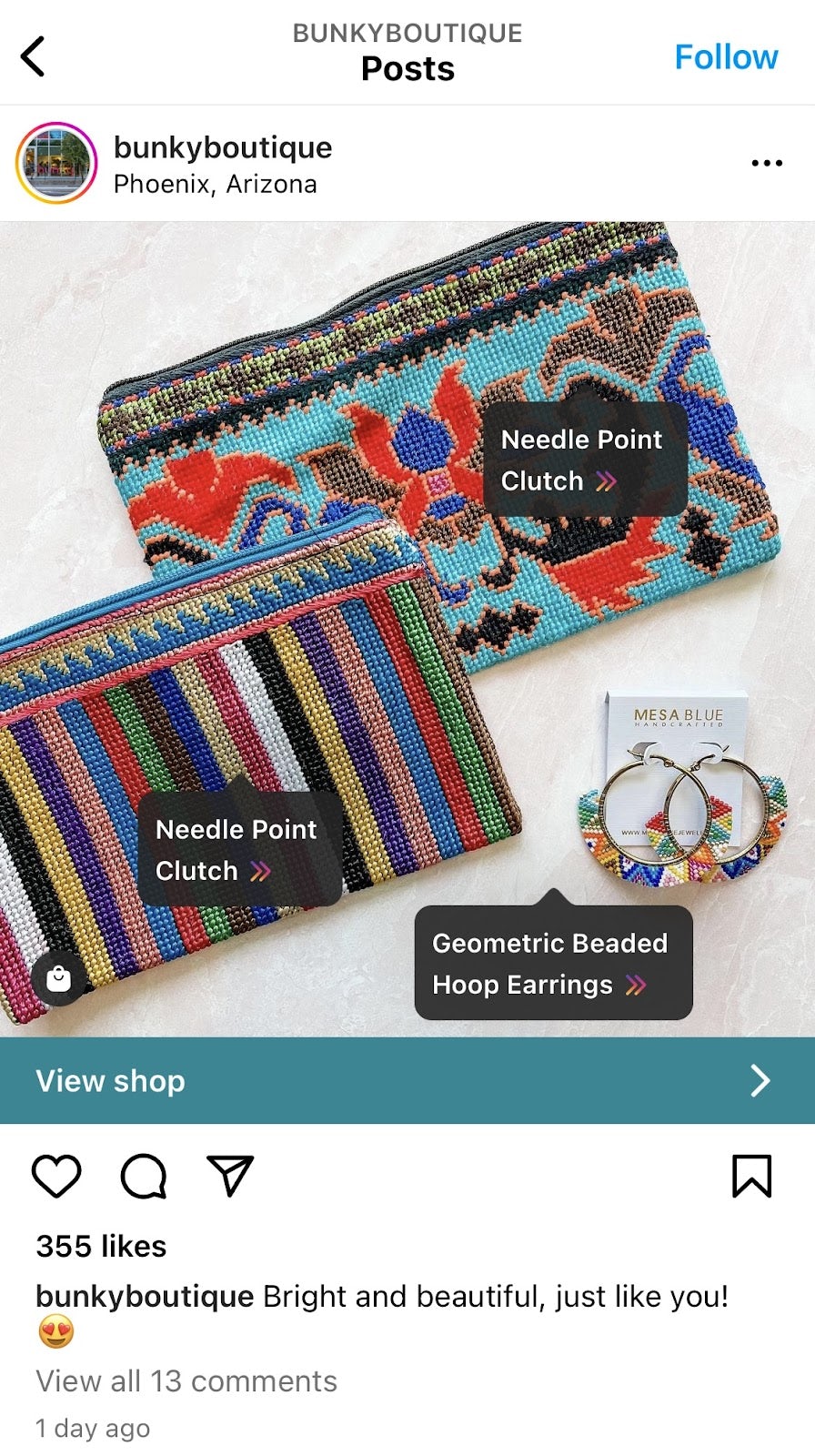 Screenshot from Bunky Boutique Instagram account showing how it looks when a brand tags items from their shop