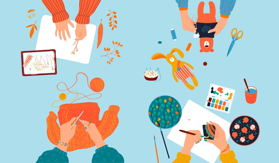 Illustration of various people working on various Arts and Crafts projects