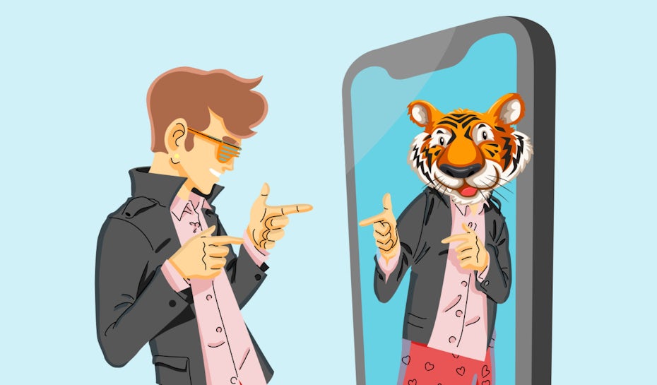 A person looking into their photo to see a cartoon tiger illustration 