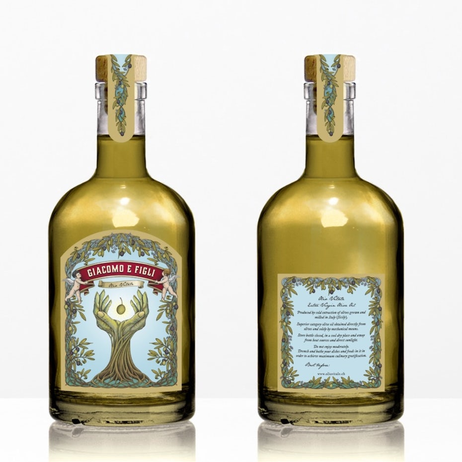 Arts and Crafts style label design for olive oil