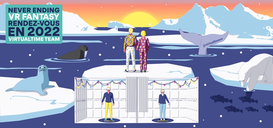 Illustration showing two people using VR to travel