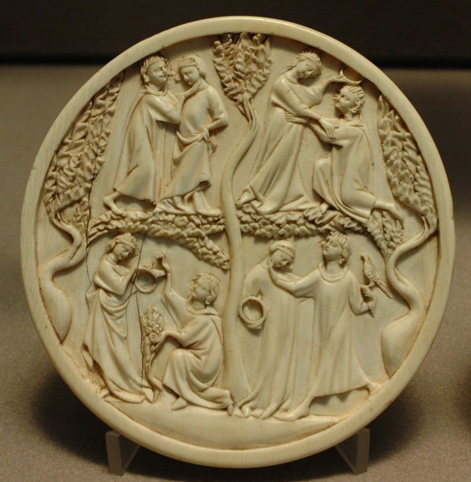 Mittelalterliche Skulptur, Szenen der höfischen Liebe auf dem Elfenbein-Spiegelkasten einer Dame