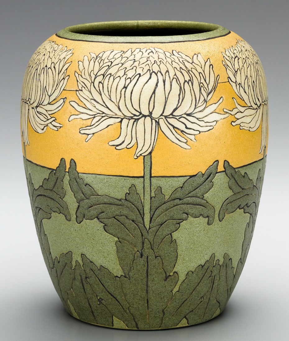 Floral Arts and Crafts vase created at Paul Revere Pottery