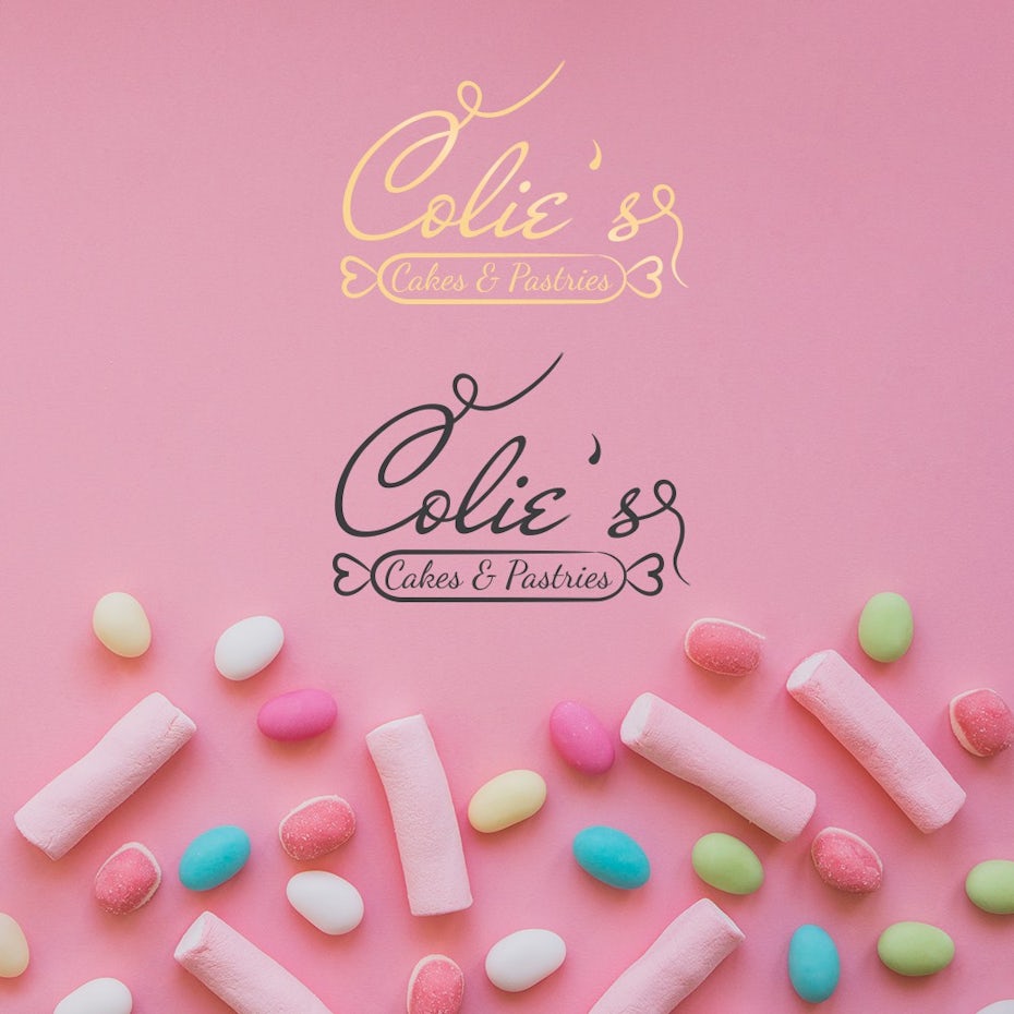 candy shop logo and sprinkles against a pink background