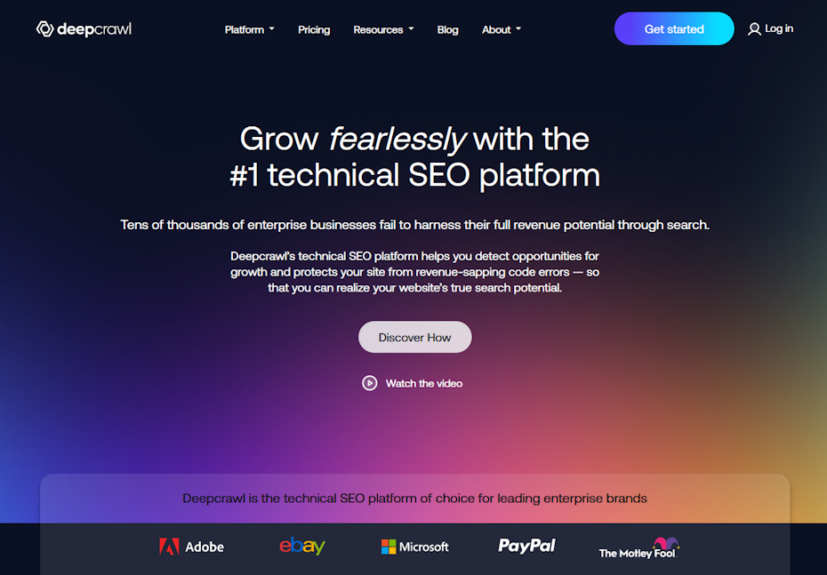 Screenshot of landing page of DeepCrawl, highlighting their focus on enterprise SEO.