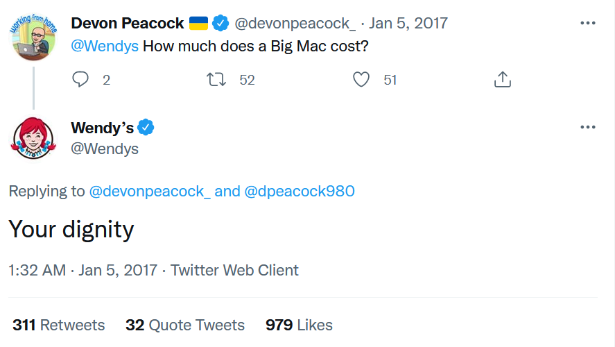 A screenshot of user Devon Peacock’s tweet to Wendy’s