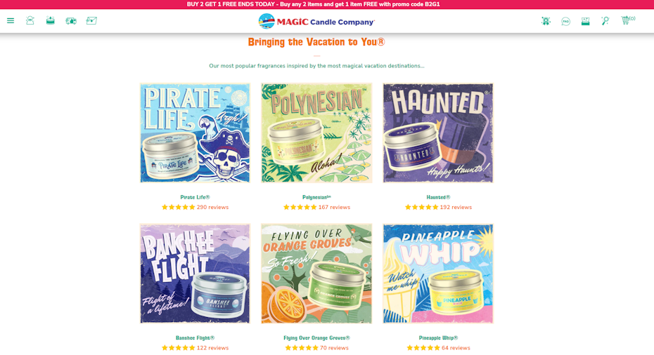 six promotional images, each for a specific candle scent
