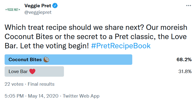 A poll asking if the brand should share the recipe for coconut bites or love bar