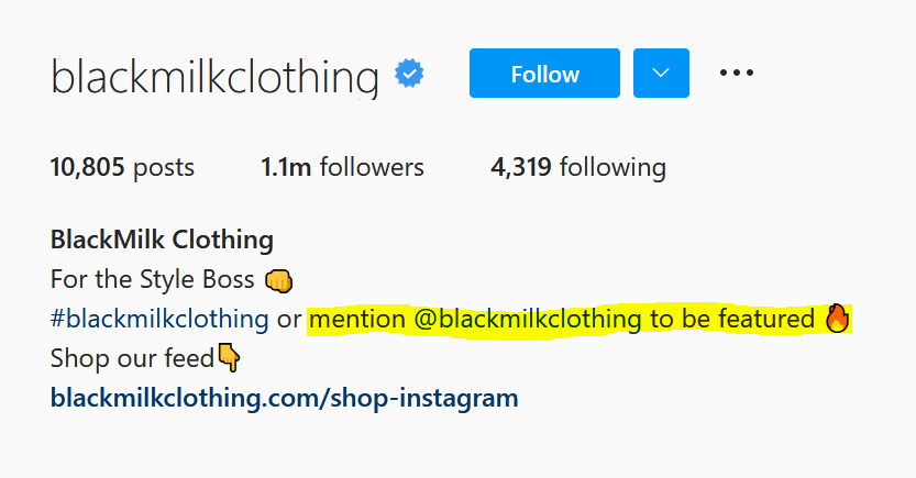 A screenshot of BlackMilk Clothing’s bio on Instagram