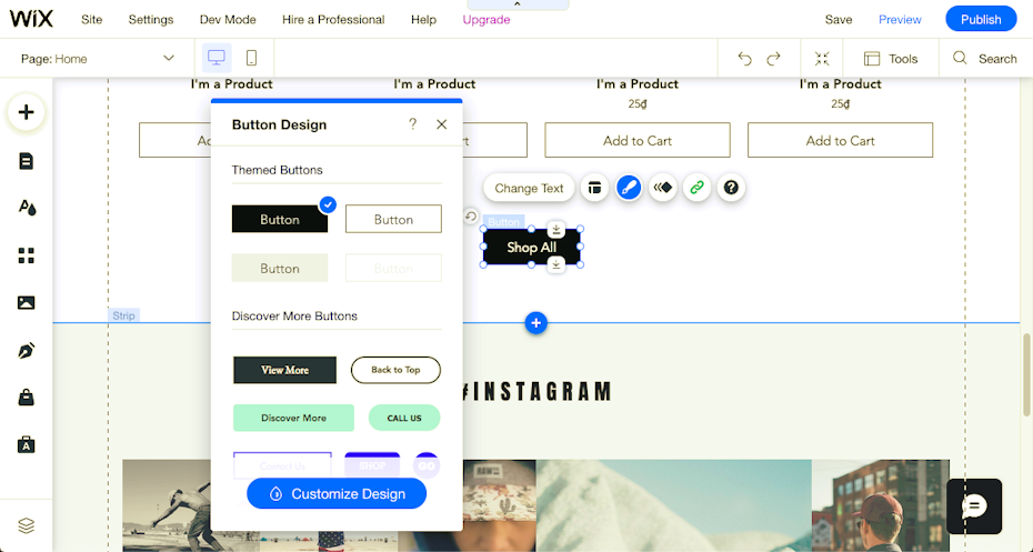 Shopify vs. Wix: screenshot of Wix’s editor