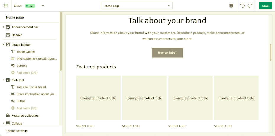 Shopify vs. Wix: screenshot of Shopify’s editor