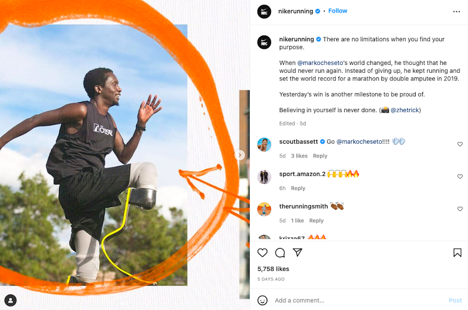 A Nike Running community post about a marathon-running amputee