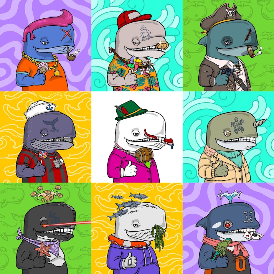 Illustrated avatar designs of a whale character