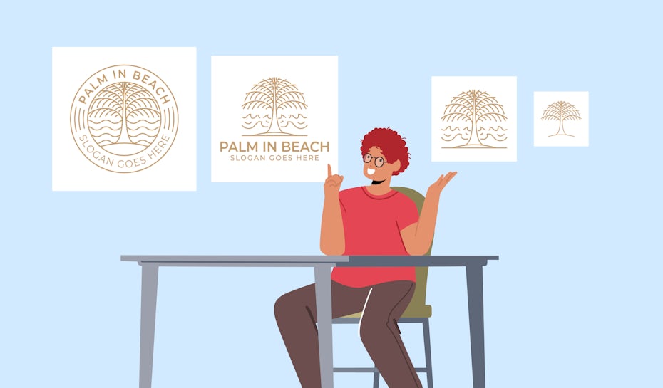person sitting at a desk with four logo variations