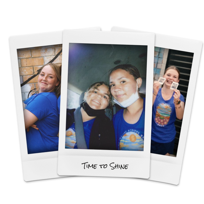 SHINE students wearing their new t-shirt designs with image text, ‘Time to shine’